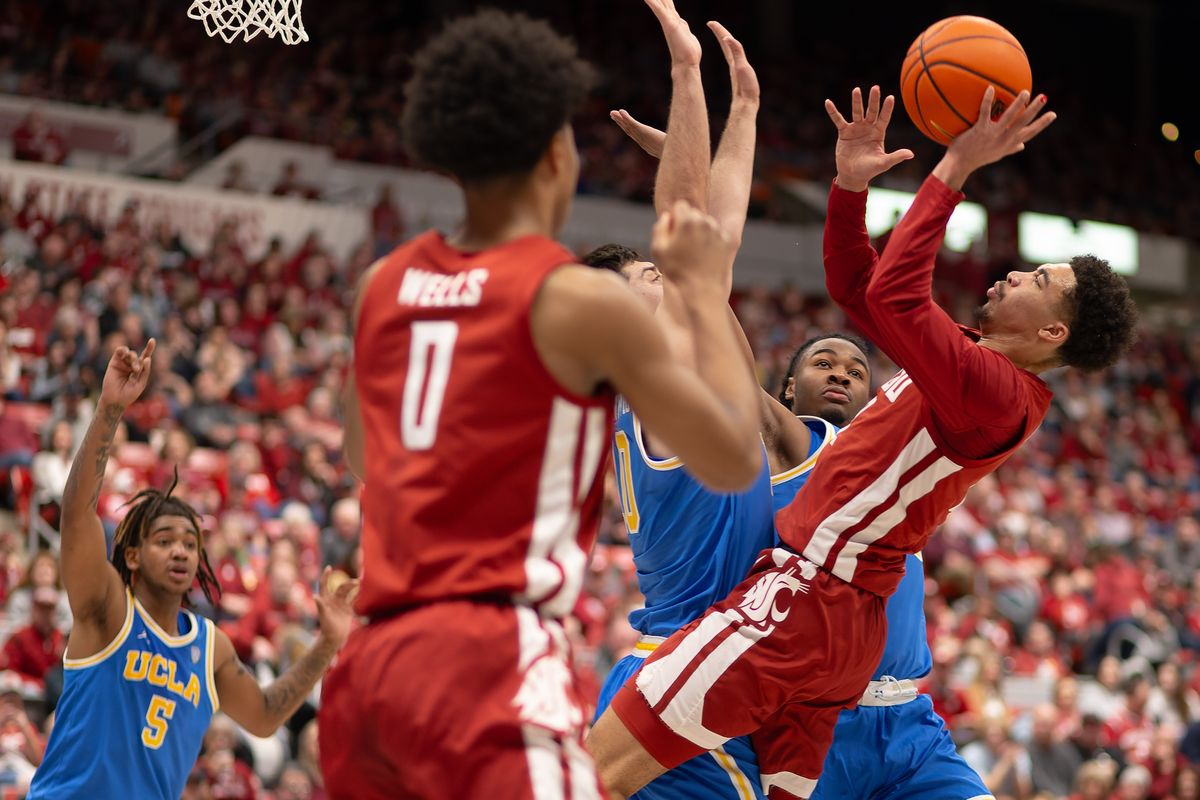 Washington State guard Myles Rice shoots against UCLA during the first half of Saturday’s Pac-12 game at Beasley Coliseum in Pullman.  (Geoff Crimmins/For The Spokesman-Review)