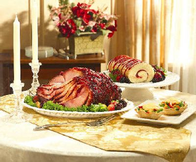 
Cherry-Glazed Ham, Strawberry and Peanut Butter Cream Cake Roll, and Cheesy Vegetable Tarts.
 (Courtesy of Smucker's /Pillsbury /Jif / The Spokesman-Review)