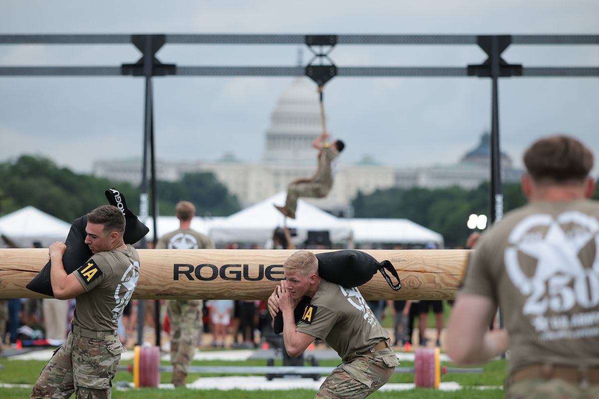 Soldiers take part in an Army fitness competition on the National Mall as part of the Army