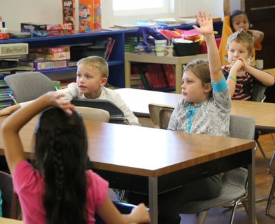 Students in Notus Elementary School take part in a character education class. Students arrive at the school at 7:30 a.m. for breakfast; the school day ends at 3:20 p.m. (Photo by Andrew Reed, Idaho Education News.)