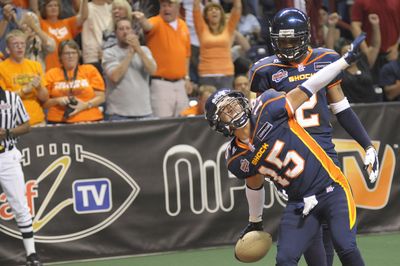 Raul Vijil may have celebrated for the last time with the Spokane Shock on Monday night.  (Christopher Anderson / The Spokesman-Review)