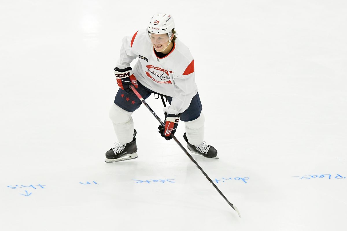 Washington Capitals left wing Andrew Cristall (28) runs a drill during development camp at MedStar Capitals Iceplex on Wednesday, July 2, 2025. (Hannah Foslien/For the Washington Post)