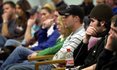 
Students listen intently to Biafra speak on everything from FEMA to Bill O'Reilly to the distracting effect of the Gonzaga Bulldogs. 
 (The Spokesman-Review)