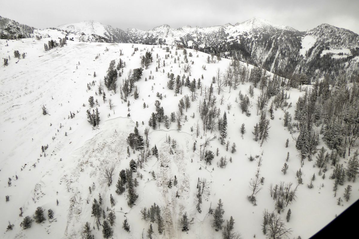 This aerial photo provided by Gallatin National Forest Avalanche Center shows the top half of an avalanche in the Gallatin National Forest, Mont. on Sunday, Feb. 14, 2021. A backcountry skier Craig Kitto, 45, of Bozeman, suffered fatal injuries when the Gallatin National Forest slope he and a companion were climbing cracked without warning, collapsed and swept him downhill into a tree. The other person wasn't hurt.  (HOGP)