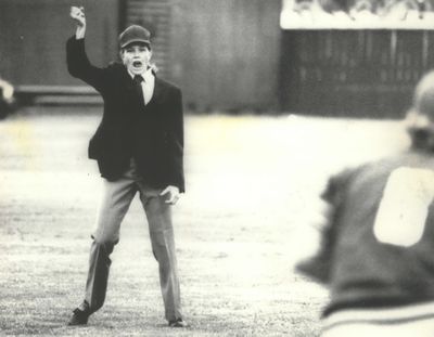 Spokane’s Christine Wren calls out a player during a 1975 Northwest League baseball game between Portland and Boise. It was her first game as a professional umpire.  (Associated Press)