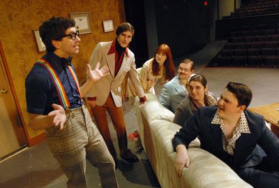 Patrick Wolfe, left, plays “The Nerd,” Rick Steadman, in the U-Hi winter production of “The Nerd.” From left, in turtle neck, is Jon Bademian, as Willum Cubbert; Jessii Arp as Tansey McGinnis; Danny Bush as Axel Hammond; Kacie Campbell, as Clelia Waldgrave; and Willy Dowling as Warnock Waldgrave.  (J. BART RAYNIAK / The Spokesman-Review)
