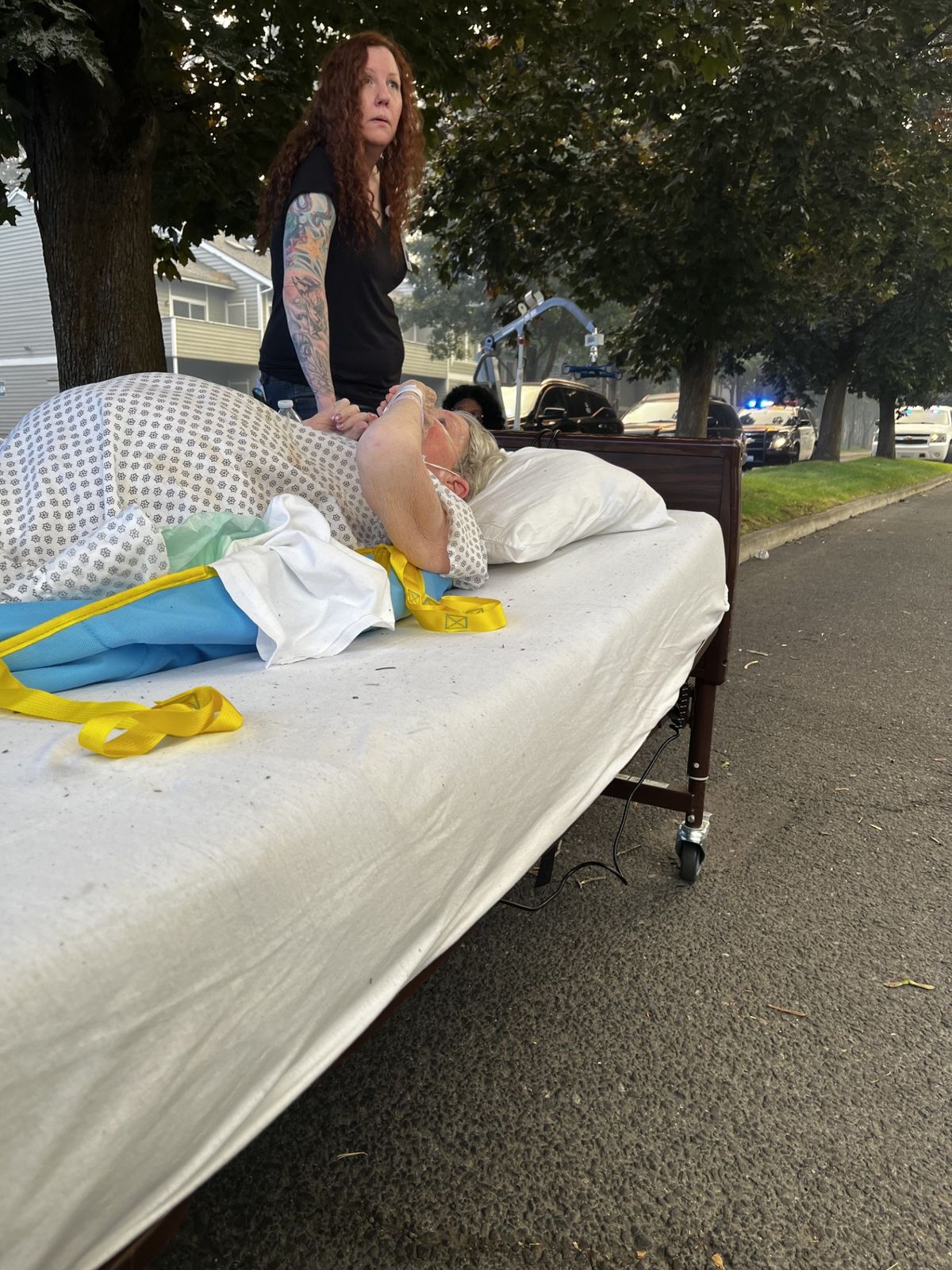 Pat Speedy is pictured waiting to be evacuated from Spokane Health and Rehabilitation after the Old Trails fire ignited on Aug. 1. (Courtesy Kimberly Speedy)