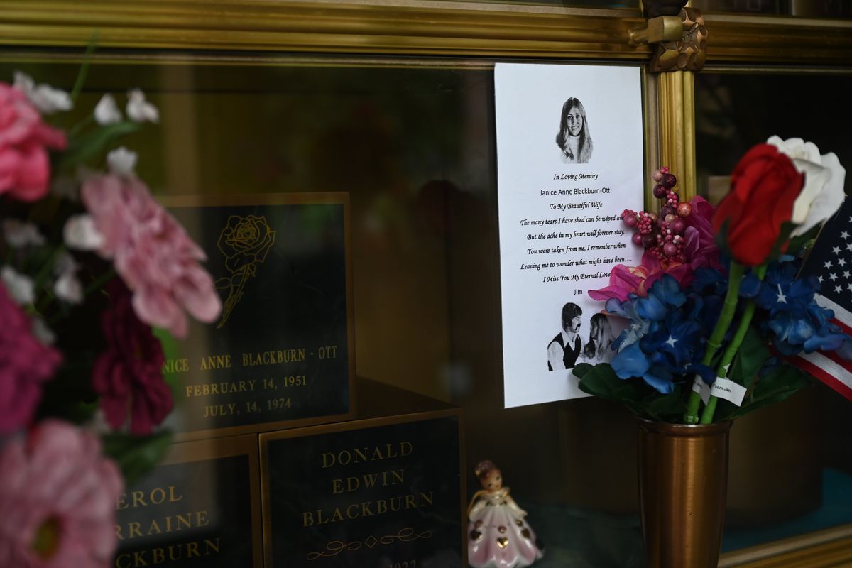 A plaque commemorating Janice Blackburn Ott is in a niche at Fairmount Memorial Cemetery with the remains of her parents, shown Wednesday. She was murdered in 1974.  (Jesse Tinsley/THE SPOKESMAN-REVIEW)