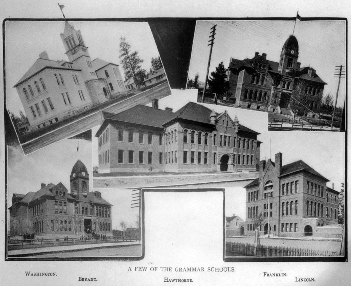 1901: A composite photo, a common technique in early newspapers, shows five Spokane schools: Bryant, clockwise from bottom left, Washington, Franklin and Lincoln schools with Hawthorne in the center. The schools were located in the downtown area and were replaced in the 20th century with modern structures.  (Spokesman-Review Photo Archives)