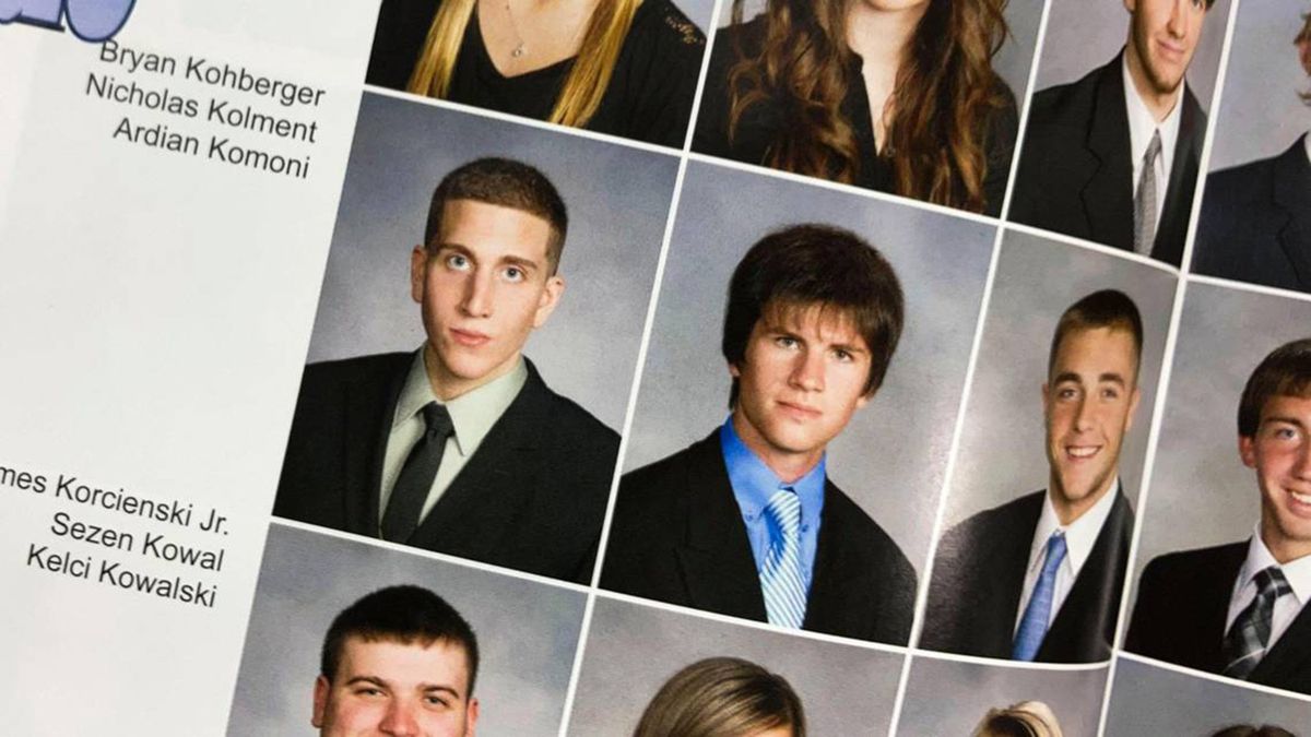 Bryan Kohberger, left, in his senior photo from the 2012-13 yearbook for Pleasant Valley High School in Brodheadsville, Pennsylvania.  (Tribune News Service)