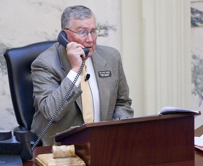 Idaho Speaker of the House Rep. Scott Bedke talks on the phone on the House floor during the 2021 regular legislative session at the Idaho State Capitol. Bedke did not respond to a request for comment regarding the threat of an Idaho government shutdown.  (Brian Myrick/Idaho Press)