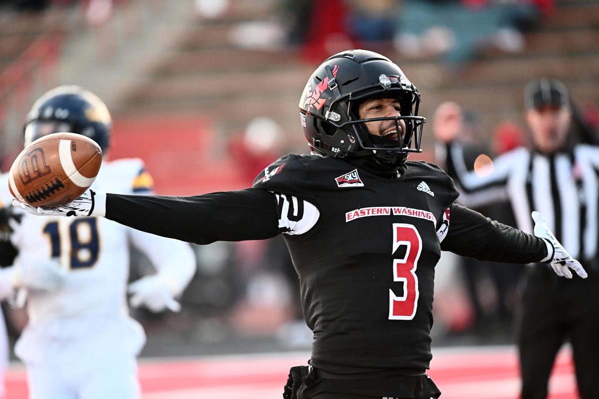 Eastern Washington Eagles wide receiver Anthony Stell Jr. (3) scores a touchdown against the Northern Colorado Bears in the second half at Roos Field on Saturday in Cheney. Eastern Washington won by a final of 45-21.  (James Snook)