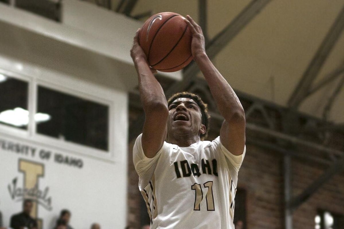 Idaho guard Victor Sanders drives to the rim after a steal in the first period of Saturday’s game against Corban University in the Memorial Gym in Moscow. (Tess Fox Special to The Spokesman-Review)