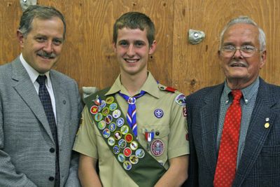 From left to right, Dr. Stephen Murray, his son Evan Murray, and Evan’s grandfather  Bob Murray  stand in front of a climbing wall Evan built for his Eagle Scout project. Photo by Rachel Murray (Photo by Rachel Murray / The Spokesman-Review)