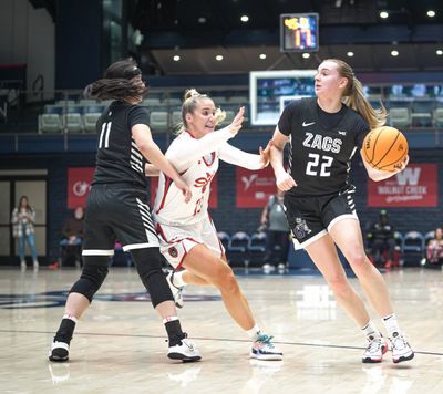 Gonzaga guard Brynna Maxwell dribbles around a screen set by teammate Kayleigh Truong on Saint Mary’s defender Tayla Dalton during a West Coast Conference game in Moraga, California, on Thursday.  (Courtesy of Gonzaga Athletics)
