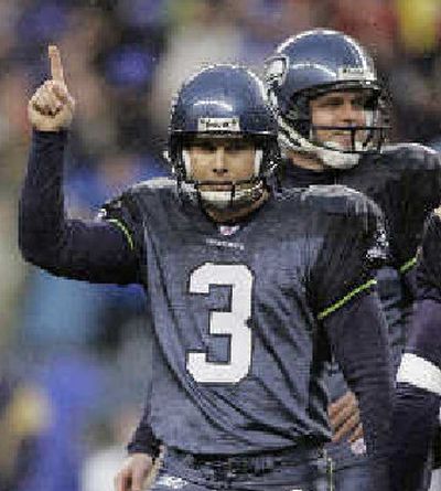 
Seattle kicker Josh Brown  celebrates his game-winning field goal Sunday. 
 (Associated Press / The Spokesman-Review)