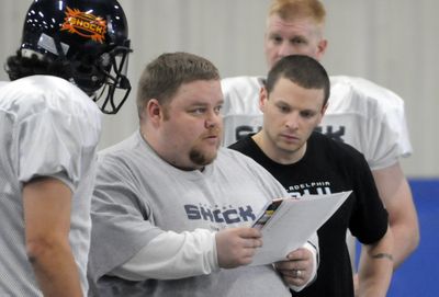 The Spokesman-Review Shock head coach Adam Shackleford has assistant Rob Keefe looking on. (Jesse Tinsley / The Spokesman-Review)