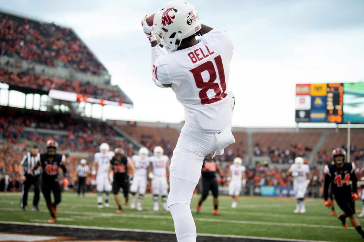 Washington State  wide receiver Renard Bell  hauls in a touchdown pass against Oregon State during the first half  Oct. 6 at Reser Stadium in Corvallis. (Tyler Tjomsland / The Spokesman-Review)