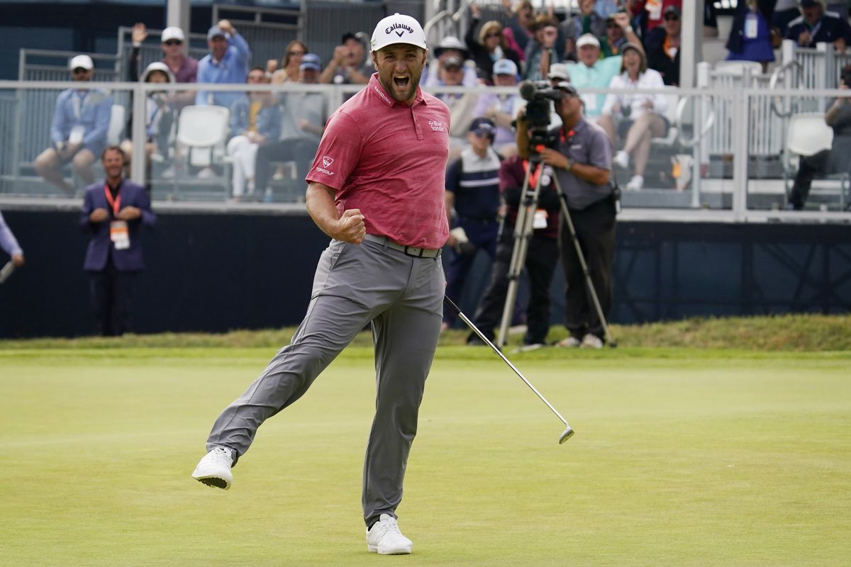 Jon Rahm, of Spain, reacts to making his birdie putt on the 18th green during the final round of the U.S. Open Golf Championship on Sunday at Torrey Pines Golf Course in San Diego.  (Gregory Bull)