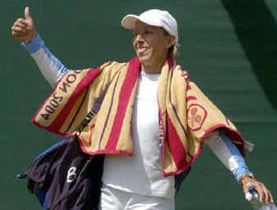 
Martina Navratilova celebrates victory over Catalina Castano of Colombia. 
 (Associated Press / The Spokesman-Review)