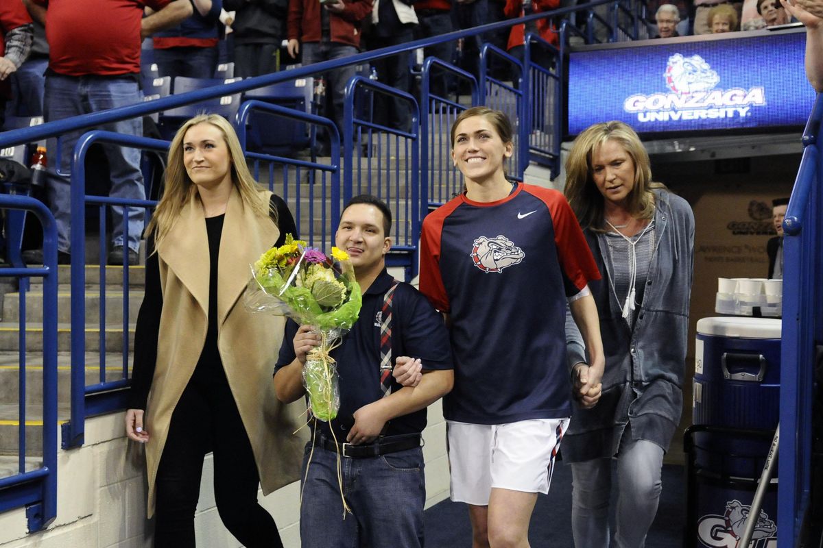 Gonzaga Bulldogs guard Elle Tinkle is introduced with her family and friends on senior night prior to a game against the San Diego Toreros at the McCarthey Athletic Center. (James Snook / Special to The Spokesman-Review)