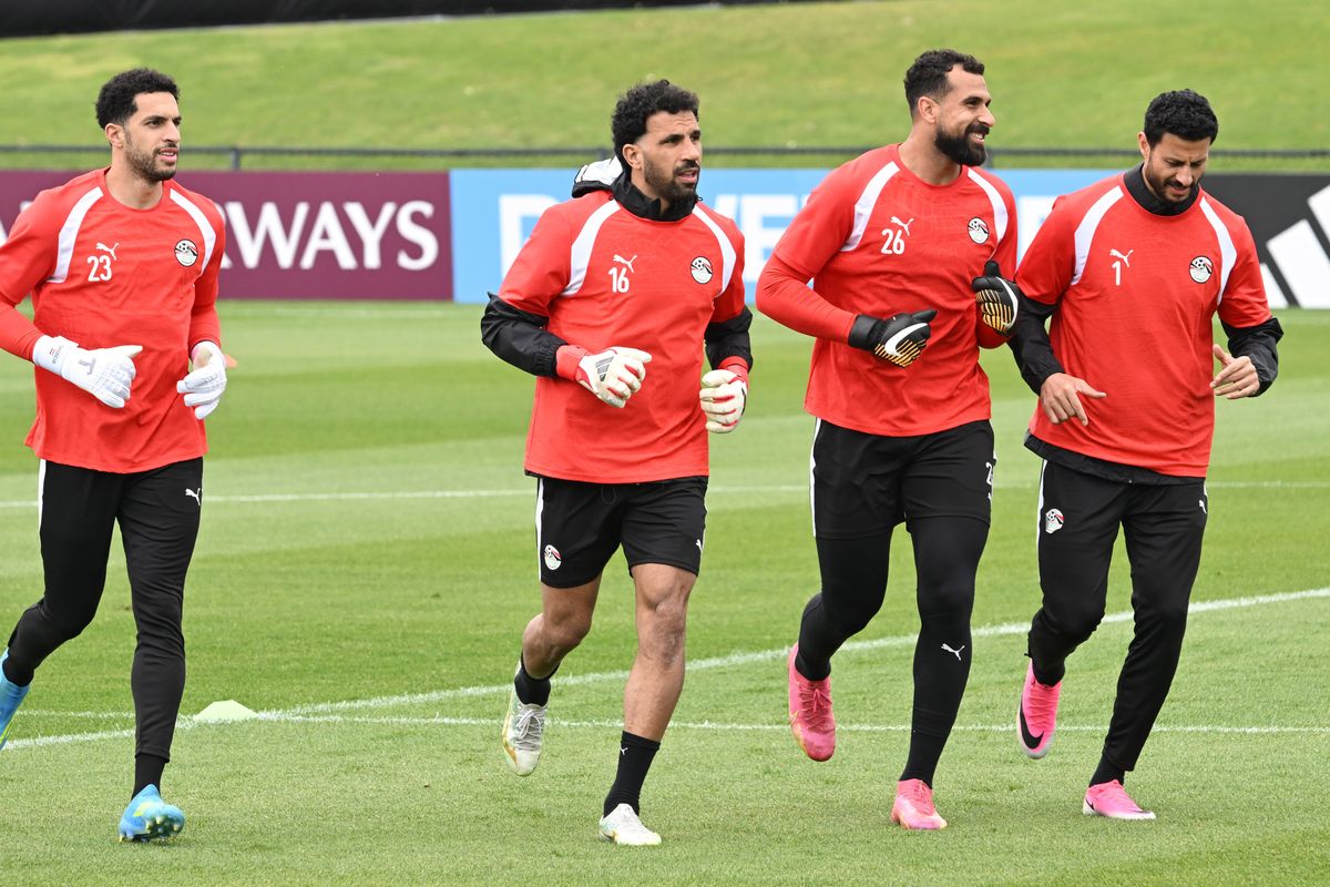 Goalkeepers, from left, Mostafa Shoubir, Mahdy Soliman, Mohamed Alaa and Mohamed El Shenawy of Egypt’s national soccer team warm up for a public practice Wednesday, June 10, 2026 at Gonzaga University’s Luger Field. Spokane is the team base camp for the Egyptian team in the World Cup, which is taking place across the country.  (Jesse Tinsley/THE SPOKESMAN-REVI)