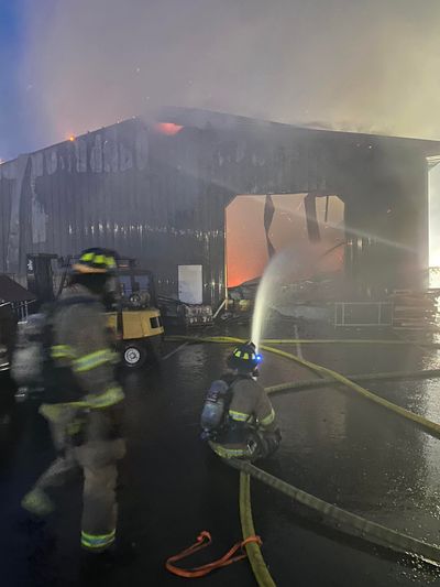 An assembly and repair shop for Ballard Golf and Power, 11521 N. Warren St., was destroyed by fire on Tuesday, April 13, 2022.  (Northern Lakes Fire District)