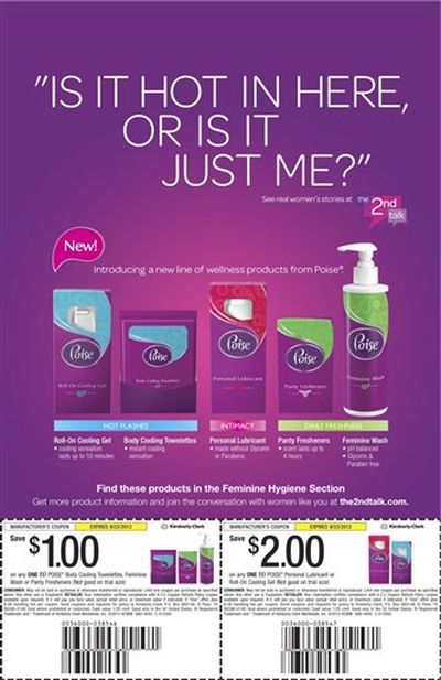 This undated handout photo shows an advertisement for the new line of Poise products from Kimberly-Clark. The new line, which targets 50 million American women who are or will soon go through menopause includes lubricant for vaginal dryness, panty freshener stickers and feminine wash for odor and cooling towelettes and roll-on gel to treat hot flashes. (AP Photo/Kimberly-Clark)