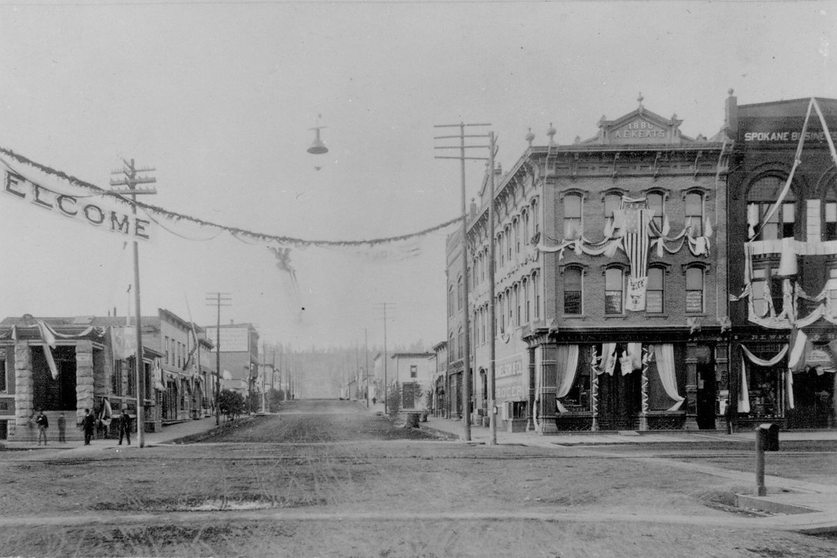 Circa 1888: Looking south from Riverside Avenue and Howard Street shows the three-story Keats building at center right, constructed by pioneer businessman Albert E. Keats in 1886. His name is prominently featured in the entablature of the building. The grand brick buildings on the south side of Riverside, from Keats