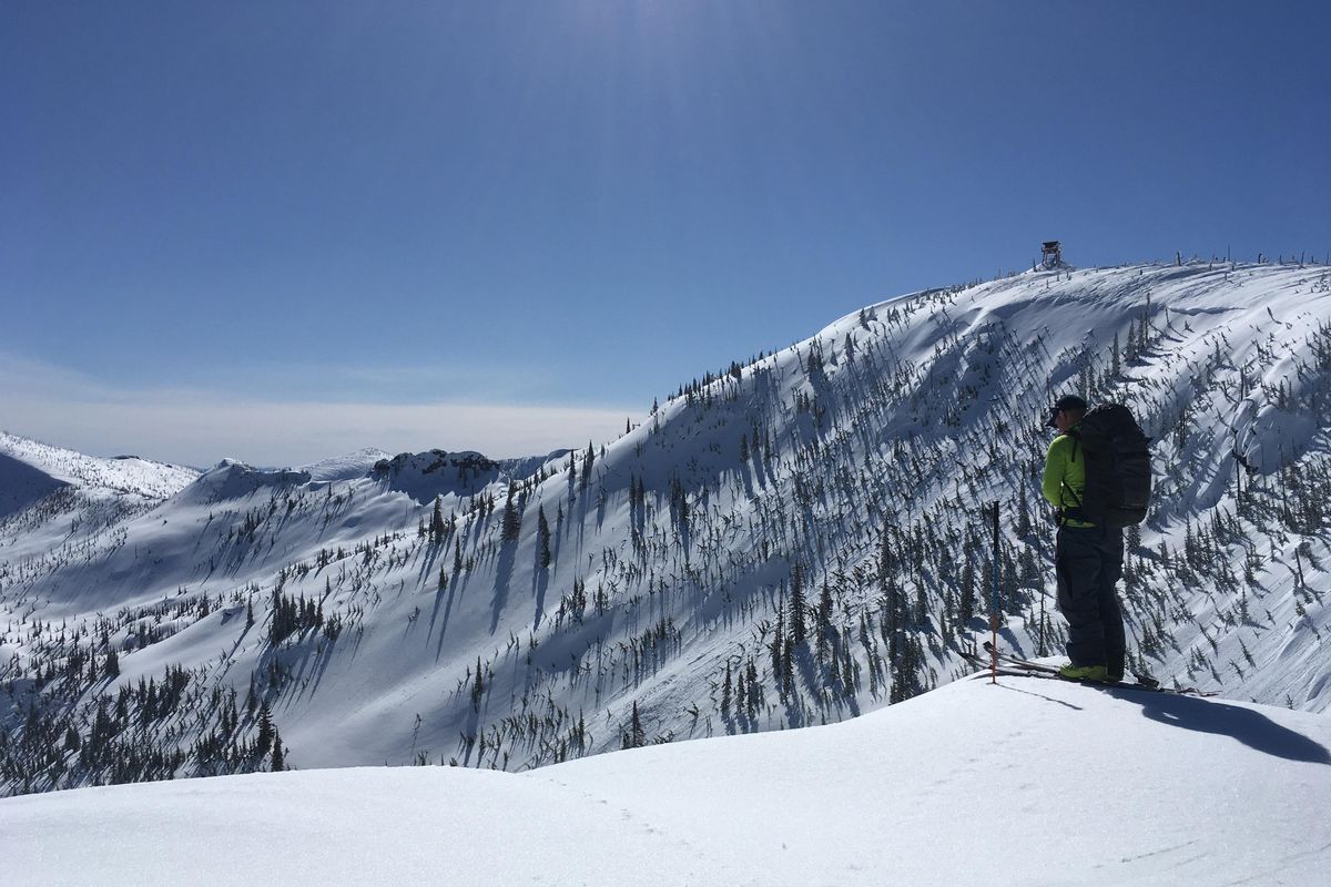 Jason Keen surveys the landscape for possible ski lines below the Sundance Lookout on April 19. (Mike Brede / Courtesy)