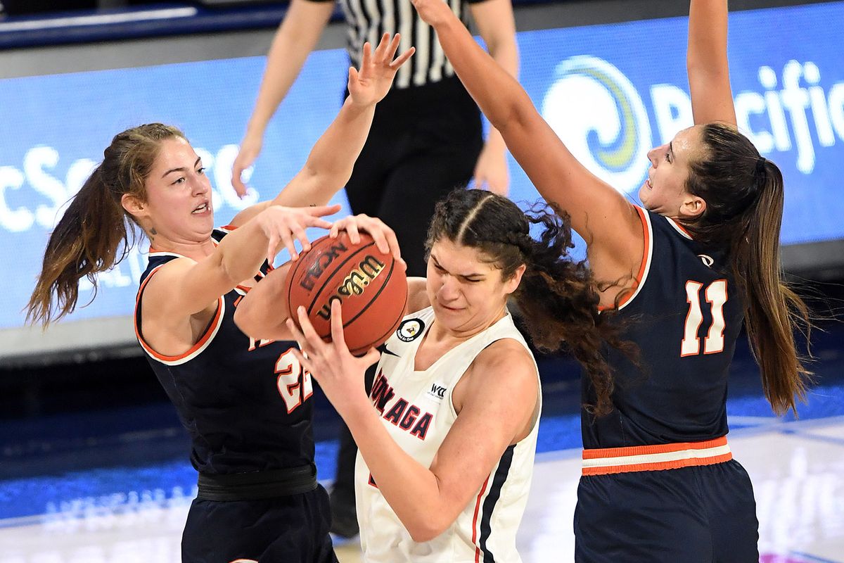 Pepperdine forward Kendyl Carson (22) and Pepperdine forward Monique Andriuolo (11) try to trap Gonzaga forward Anamaria Virjoghe (1) during the second half of a college basketball game, Thursday, Feb. 25, 2021, in the McCarthey Athletic Center.  (Colin Mulvany/THE SPOKESMAN-REVIEW)