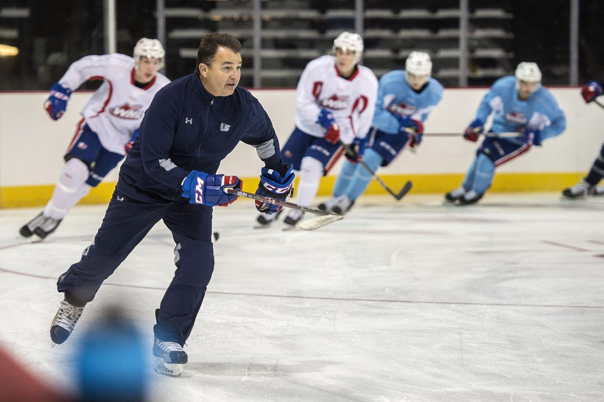 Spokane Chiefs’ coach Dan Lambert leads his team up the ice during a recent practice at the Spokane Arena. (Dan Pelle/THE SPOKESMAN-REVIEW)