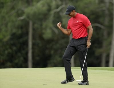 Tiger Woods reacts as he wins the Masters golf tournament Sunday, April 14, 2019, in Augusta, Ga. (Chris Carlson / Associated Press)
