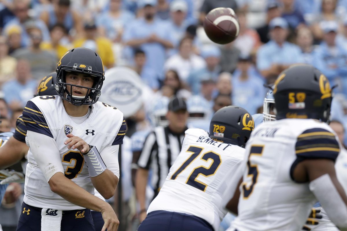 California quarterback Ross Bowers (3) passes the ball during the first half of an NCAA college football game against North Carolina in Chapel Hill, N.C., Saturday, Sept. 2, 2017. California won 35-30. (Gerry Broome / Associated Press)