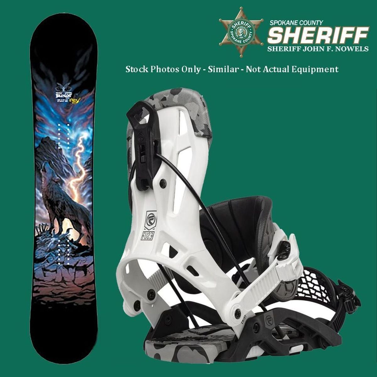 Stock photo of snowboard and binding  (Courtesy of Spokane County Sheriff