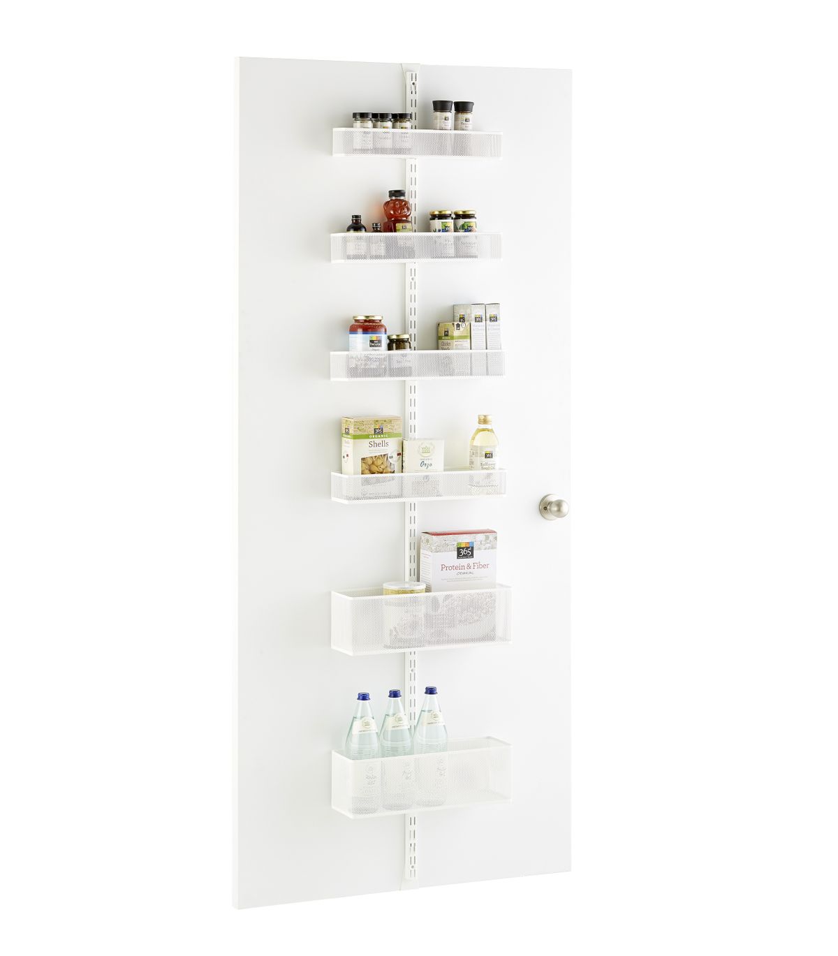 The Elfa utility Mesh Pantry Door and Wall Rack from the Container Store adds extra storage in a small kitchen. It assembles without tools. (Associated Press)