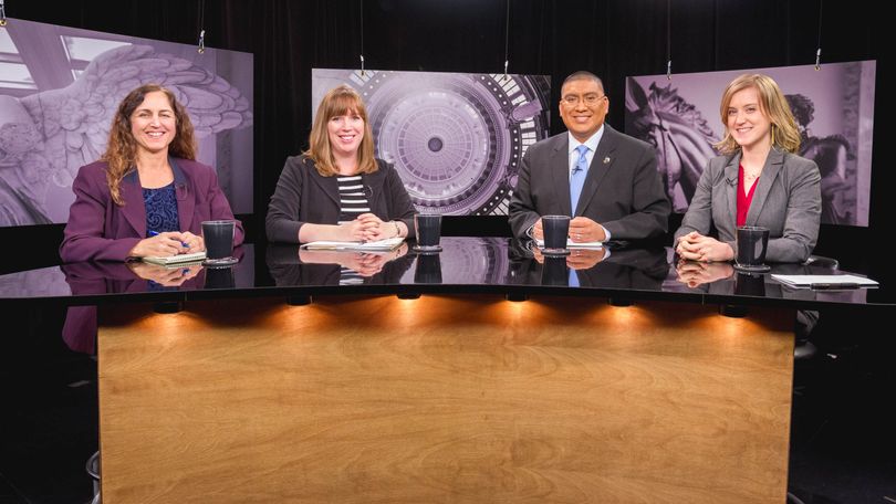 From left, Betsy Russell, Rebecca Boone, and co-hosts Aaron Kunz and Melissa Davlin on 