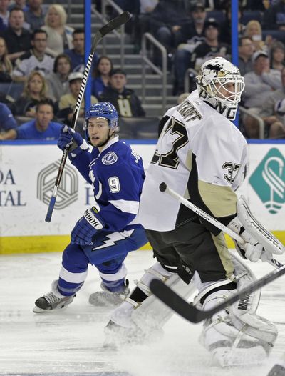 Tyler Johnson celebrates after completing second career hat trick. (Associated Press)