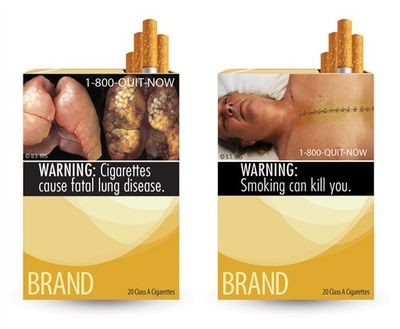 This combination made from file images provided by the U.S. Food and Drug Administration shows two of nine new warning labels cigarette makers will have to use by the fall of 2012. A judge on Monday blocked a federal requirement that would have begun forcing tobacco companies next year to put graphic images on their cigarette packages to show the dangers of smoking. (File / Associated Press)