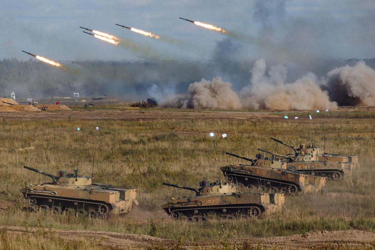 FILE - In this photo released by the Russian Defense Ministry Press Service, a view of the joint strategic exercise of the armed forces of the Russian Federation and the Republic of Belarus Zapad-2021 at the Mulino training ground in the Nizhny Novgorod region, Russia, Saturday, Sept. 11, 2021. A Russian troop buildup near Ukraine has fueled Ukrainian and Western fears of an invasion, but Moscow has denied planning such an attack.  (Vadim Savitskiy)