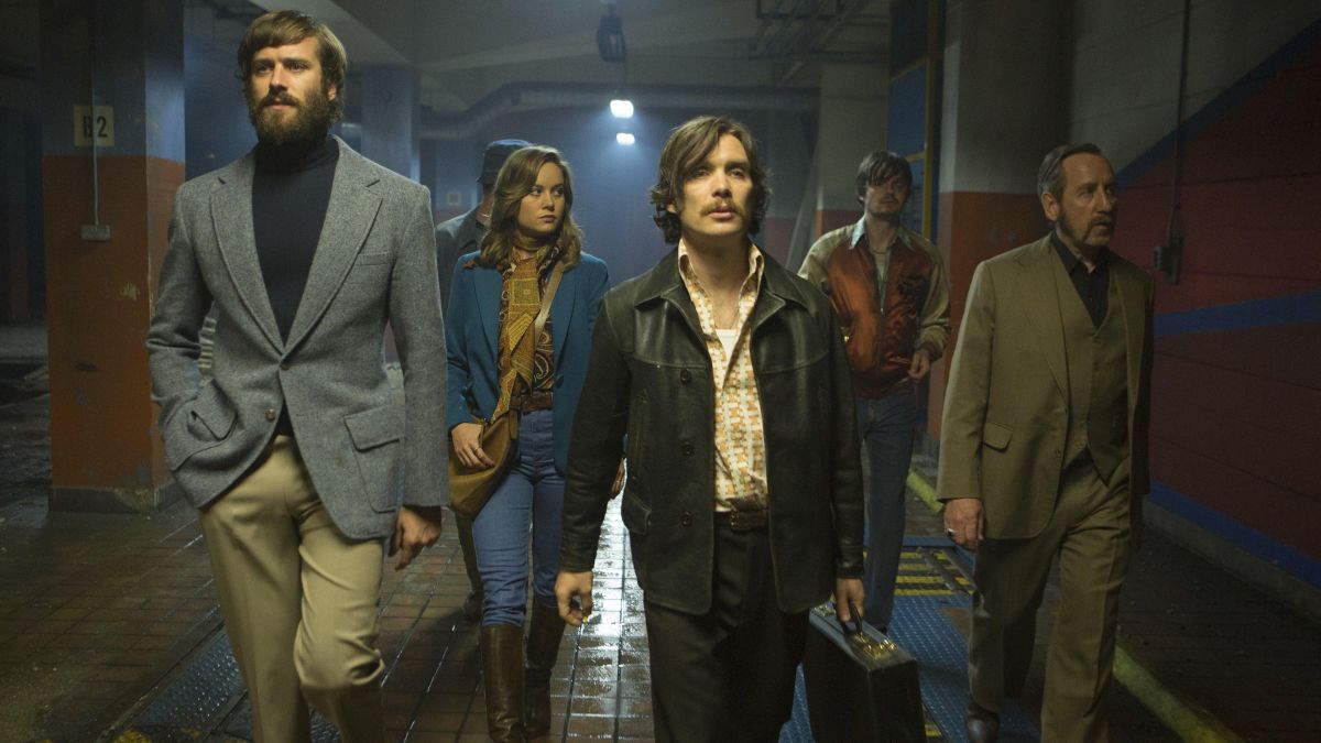 Armie Hammer, Brie Larson, Cillian Murphy, Sam Riley and Michael Smiley in a scene from "Free Fire." (Kerry Brown / AP)