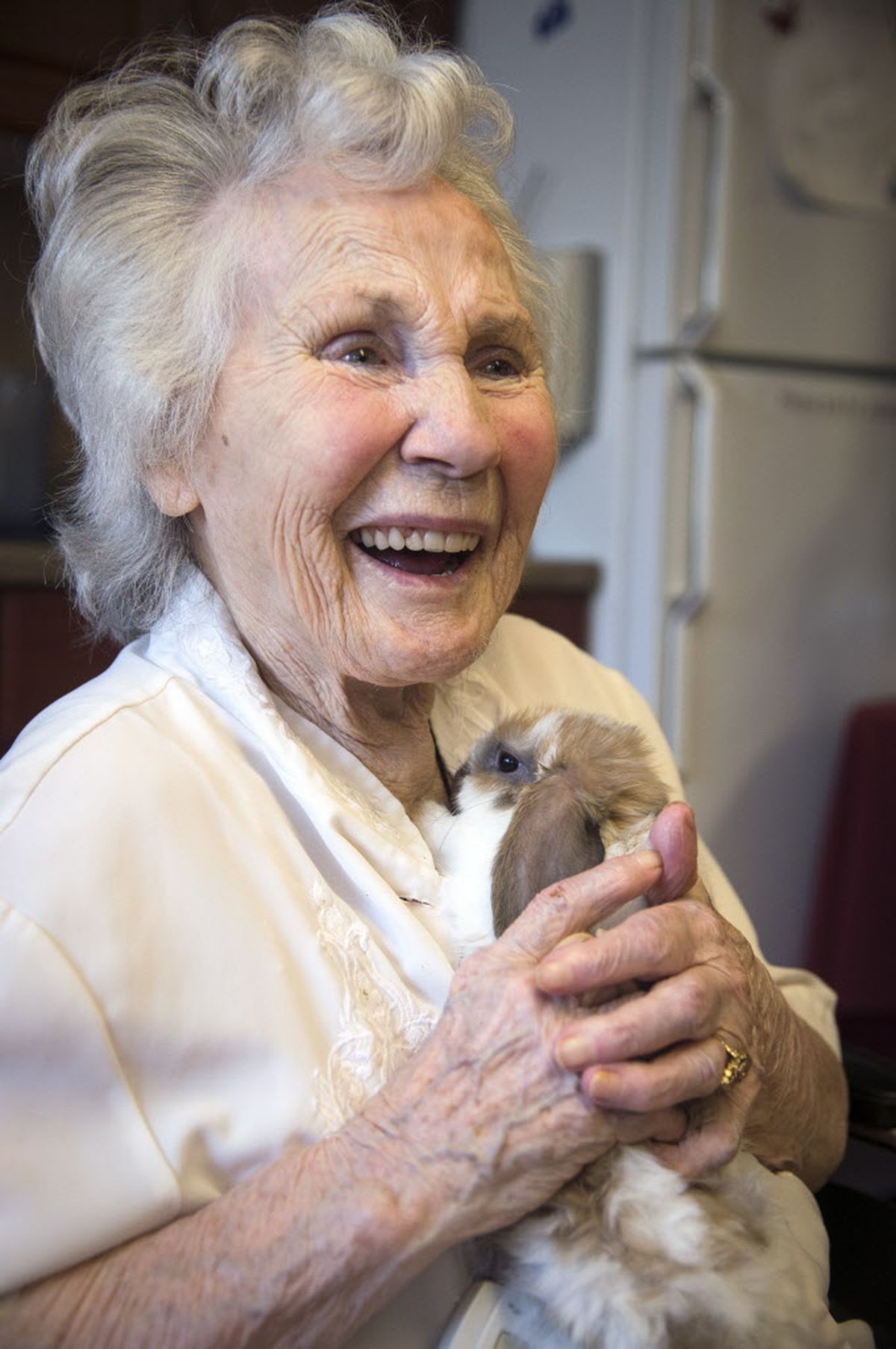 Bernice Weaver, 92, holds a rabbit that was shown at this year’s Bonner County Fair. (Colin Mulvany)