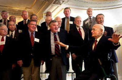 Former Gonzaga University Men's Glee Club director Lyle Moore, lower far right, directs club members during their performance at the Davenport Hotel during the 2002 reunion. Moore died last week at the age of 100.
(File/ / The Spokesman-Review)