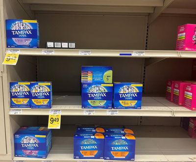 A shelf at a Safeway pharmacy on Alahambra Boulevard in Sacramento, Calif., shows few tampon boxes on June 15 as the U.S. is facing another shortage.  (Lucy Hodgman/The Sacramento Bee)