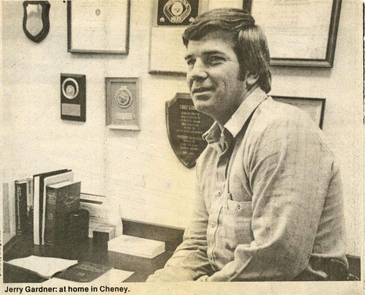 Jerome “Jerry” Gardner, who spent 25 years as chief of the Cheney Police Department, is seen in his office in January 1980. Gardner died on July 23, 2019. (Cowles Co. archives)