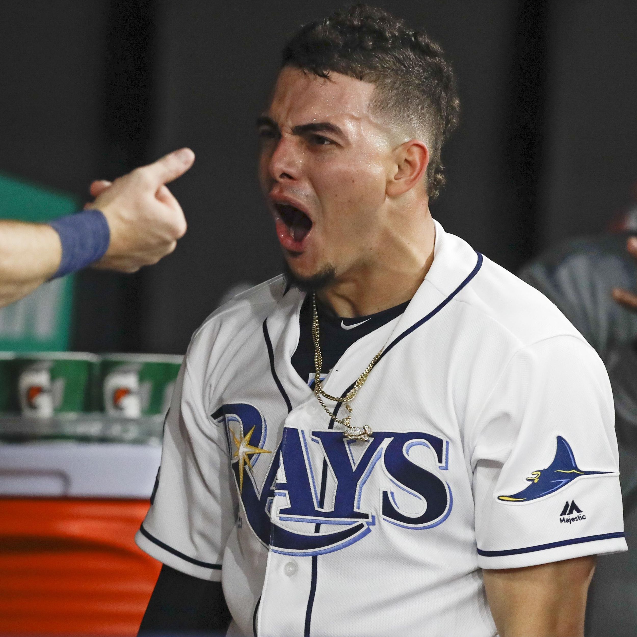 Tampa Bay Rays' Travis d'Arnaud, right, celebrates with Tommy Pham