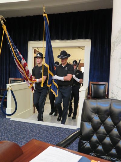 Members of an honor guard practice for today's State of the State address by Gov. Butch Otter to a joint session of the Idaho Legislature. (Betsy Z. Russell)