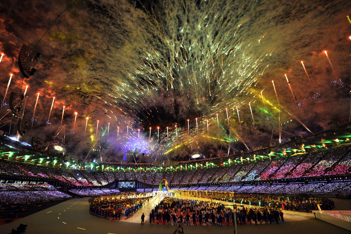 Fireworks explode over the stadium during the closing ceremony of the Olympics on Sunday in London. (Associated Press)