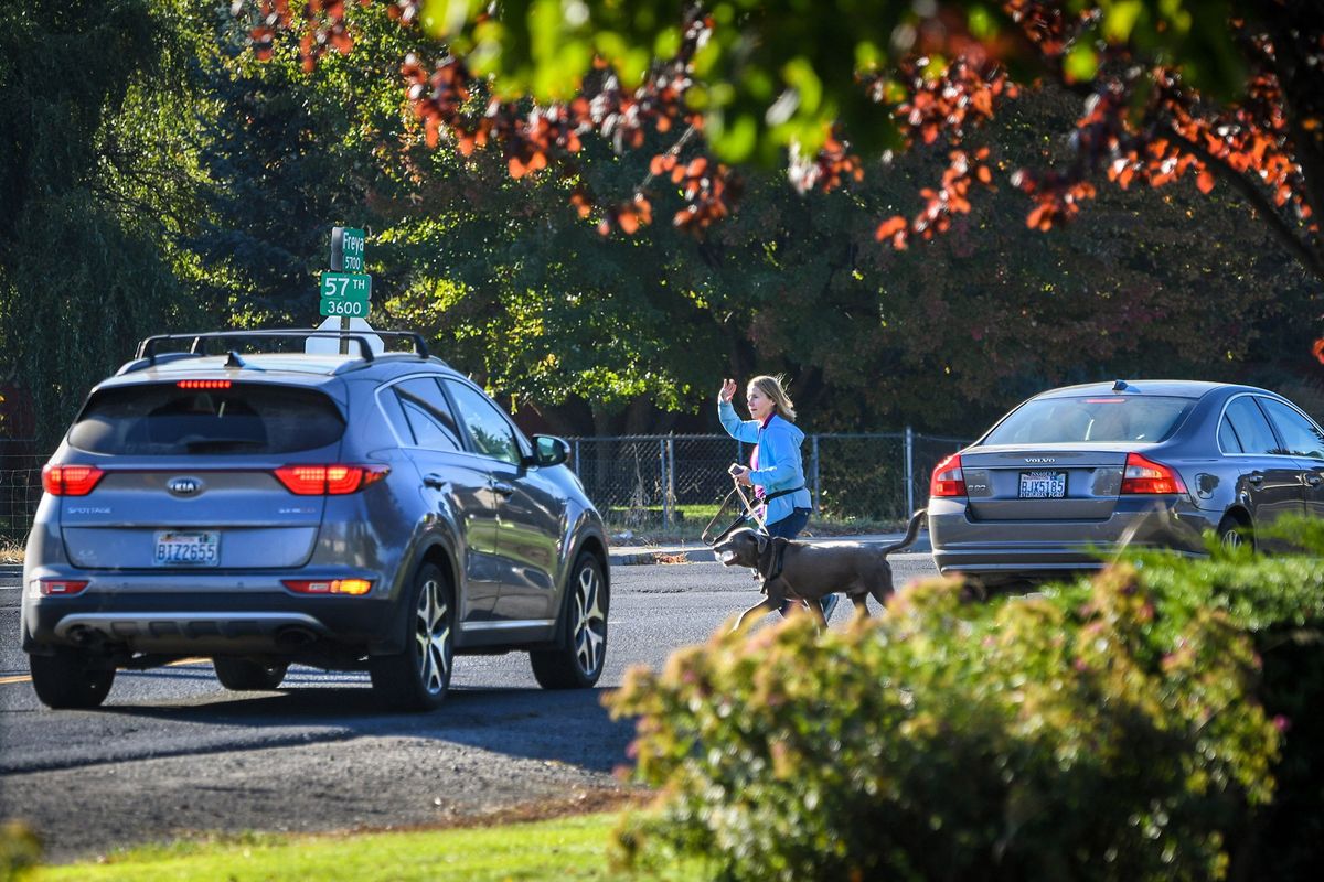 A pedestrian walking a dog acknowledges a motorist giving her space to cross Freya Street at 57th Avenue on Friday in Spokane.  (DAN PELLE/THE SPOKESMAN-REVIEW)
