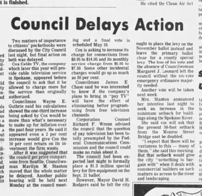 Spokane City Council delayed a decision that would increase cable TV rates if OK'd by council members.  (Spokane Daily Chronicle Archives)